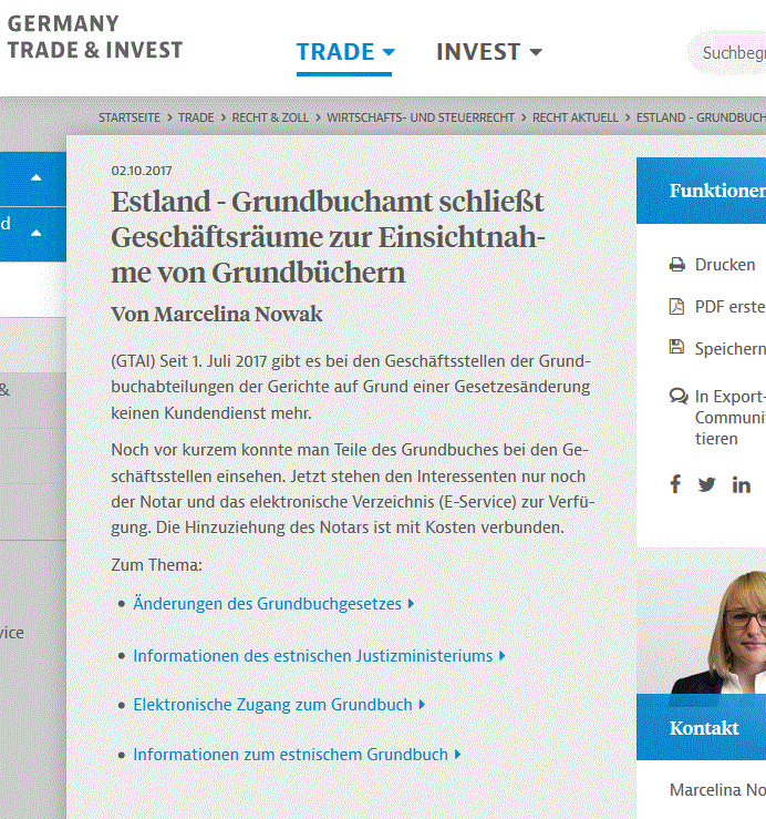 2017 vermeldete der estnische Gesetzgeber, daß die Grundbuchämter geschlossen werden. Grundbuchgeschäfte sind in Estland somit gänzlich digitalisiert, in der Schweiz noch undenkbar. (Bildausriß: Bericht einer Wirtschaftsseite zur Schließung der Grundbuchämter in Estland)