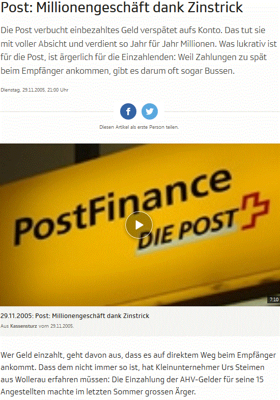 Die Postfinance zögert auch heute - über 12 Jahre nach dem Kassensturzbericht von 2005 (!) - absichtlich Zahlungen hinaus