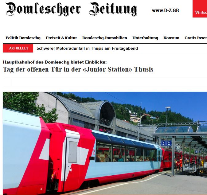 Das Domleschg mit dem Hauptort Thusis und den Bahnhöfen Cazis, Rodels-Realta und Rothenbrunnen sowie Rhäzüns hat zum Glück eine sehr gute Verkehrsanbindung. (Bildausriß: Gletscherexpreß in Thusis / Domleschger Zeitung)