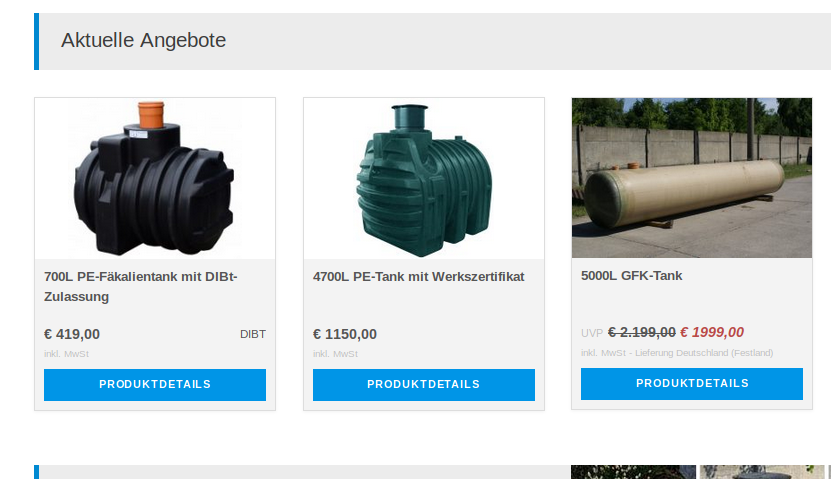 Beispiel eines Anbieters von Fäkalientanks und Regenwassertanks (Bildausriß: Mosertankshop)